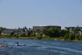 Panorama of Old Mill District in Summer at the Deschutes River in the City of Bend, Oregon Royalty Free Stock Photo