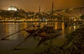 Panorama old Porto river Duoro, vintage port transporting boats, old town, town of Gaia and famous bridge Ponte dom Luis, Portugal Royalty Free Stock Photo