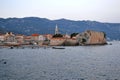 Panorama of old town in Budva Montenegro. Beautiful cityscape above blue sea on sunny day in summer. Sightseeing places to visit.