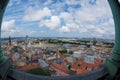Panorama of the old town buildings and the bridge across Daugava river from the St. Peter`s church in Riga city, Latvia. Royalty Free Stock Photo