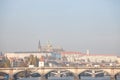 Panorama of the Old Town of Prague, Czech Republic, with a focus on Palackevo Most bridge and the Prague Castle Hrad Praha