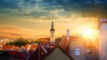 Panorama of old town of Tallinn, Etonia. Tallinn city wall and a view of the Church of St. Olaf. The skyline of the old town, suns