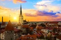 Panorama of old town of Tallinn, Etonia. Tallinn city wall and a view of the Church of St. Olaf. The skyline of the old town, suns