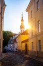 Panorama of old town of Tallinn, Etonia. Tallinn city wall and a view of the Church of St. Olaf. The skyline of the old town, suns Royalty Free Stock Photo