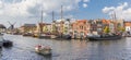 Panorama of old wooden ships in the central canals of Leiden Royalty Free Stock Photo