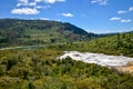 Panorama of Orakei Korako geothermal park, forest and Waikato river Royalty Free Stock Photo