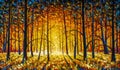 Panorama orange autumn sunny warm park alley forest original oil painting Royalty Free Stock Photo