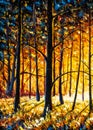 Panorama orange autumn sunny warm park alley forest original oil painting Royalty Free Stock Photo