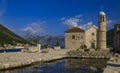 Panorama of Our Lady of the Rocks church on a man-made island in Kotor Bay, Montenegro Royalty Free Stock Photo