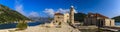 Panorama of Our Lady of the Rocks church on a man-made island in Kotor Bay, Montenegro Royalty Free Stock Photo