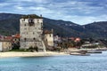 Panorama of Ouranopoli and Medieval tower, Athos, Chalkidiki, Greece Royalty Free Stock Photo