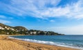 Panorama over the beautiful beach l`Almadrava in the gulf of Rosas, Mediterranean sea, Costa Brava