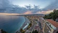 Panorama over Nice city and Mediterranean Sea aerial day to night timelapse Royalty Free Stock Photo