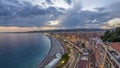 Panorama over Nice city and Mediterranean Sea aerial day to night timelapse Royalty Free Stock Photo