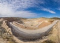 Panorama over quarry, fluxes for the metal industry. Oval mining industrial crater, acid mine drainage in rock Royalty Free Stock Photo