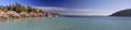 Panorama of over water bungalows in Bora Bora