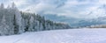 Panorama over winter forest, frozen river and heavy dark blue snowy clouds above. Typical Northern Sweden landscape - birch and