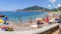 Panorama overlooking the long wide beach in the resort town of Budva