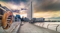 Panorama of Pacifico Yokohama Building and Pukarisanbashi pier with a life buoy in foreground.