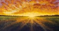 Panorama painting landscape. Sunset dawn of sun over field