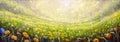 Panorama Painting Summer Natural Art Background With Yellow Flowers Daisies And Blue Wildflowers In Grass Against Of Dawn Morning.