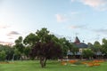 Panorama of Palic Lake, or Palicko Jezero, in Palic, Serbia, with the Velika Terasa, or Grand Terrace main building