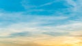 Panorama or panoramic photo of blue sky and white clouds or cloudscape at sunset time Royalty Free Stock Photo