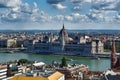 Panorama on Parliament of Budapest and Danube river in Hungary. Royalty Free Stock Photo