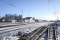 Panorama of Pavelets Tulsky railway station in Ryazan region of Russia. Sunny winter view. Royalty Free Stock Photo