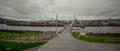 Panorama of peace bridge in Derry or Londonderry spanning across the river on a sunny spring day. Beautiful modernist bridge to