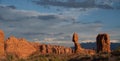 Panorama photo of Balanced Rock in Arches National Park at sunset Royalty Free Stock Photo