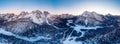 Panorama photo Misurina lake sunset Three Peaks of Lavaredo South Tyrol, Italy. Aerial top view Royalty Free Stock Photo