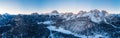 Panorama photo Misurina lake sunset Three Peaks of Lavaredo South Tyrol, Italy. Aerial top view