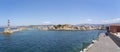 Panorama photo of the Old harbor of Chania, seen from the Firka Venetian Fortress in Chania, Crete Royalty Free Stock Photo