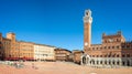 Panorama of Piazza del Campo Campo square, Palazzo Publico and Torre del Mangia Mangia tower in Siena, Tuscany Italy Royalty Free Stock Photo