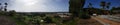 Panorama picture of a beautiful view of nature and buildings taken from top of a hill. Green areas and trees, blue sky, and some Royalty Free Stock Photo