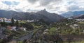 Panorama of picturesque Canarian village Tejeda in mountain valley scenery and view of bentayga rock Gran Canaria