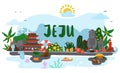 Panorama of picturesque korean island Jeju. Banner with image of the main attractions of the island