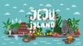 Panorama of picturesque korean island Jeju. Banner with image of the main attractions of the island