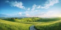 Panorama of picturesque mountain scenery in the Alps with fresh blooming green fields cutting the road on a sunny spring day,