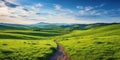 Panorama of picturesque mountain scenery in the Alps with fresh blooming green fields cutting the road on a sunny spring day,