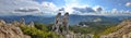 Panorama with the Pietrele Doamnei - Lady`s Stones - in Rarau mountains, Romania, Europe Royalty Free Stock Photo