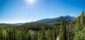 panorama of the pine forest at bear lake, rocky mountain national park in spring  with rocky mountain range in the background Royalty Free Stock Photo