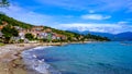 panorama of Pioppi with beach, blue sea and houses. Pioppi, Cilento, Campania, Italy