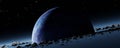 Panorama Planet Pandora surrounded asteroid belt, rings wreckage of destroyed planet. Blue protoplanet in black cosmos space of