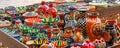 Panorama of Plates and pots on a street market in Bukhara, Uzbekistan