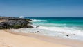 Panorama of Playa de las Conchas beach with blue ocean and white sand. La Graciosa, Lanzarote, Canary Islands, Spain. Royalty Free Stock Photo