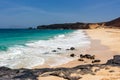 Panorama of Playa de las Conchas beach with blue ocean and white sand. La Graciosa, Lanzarote, Canary Islands, Spain. Royalty Free Stock Photo