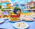 Panorama of Plaza del Cabildo square with restaurant table, Sanlucar, Spain Royalty Free Stock Photo