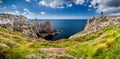 Panorama of Pointe du Pen-Hir with World War Two monument to the Bretons of Free France on the Crozon peninsula, Finistere Royalty Free Stock Photo